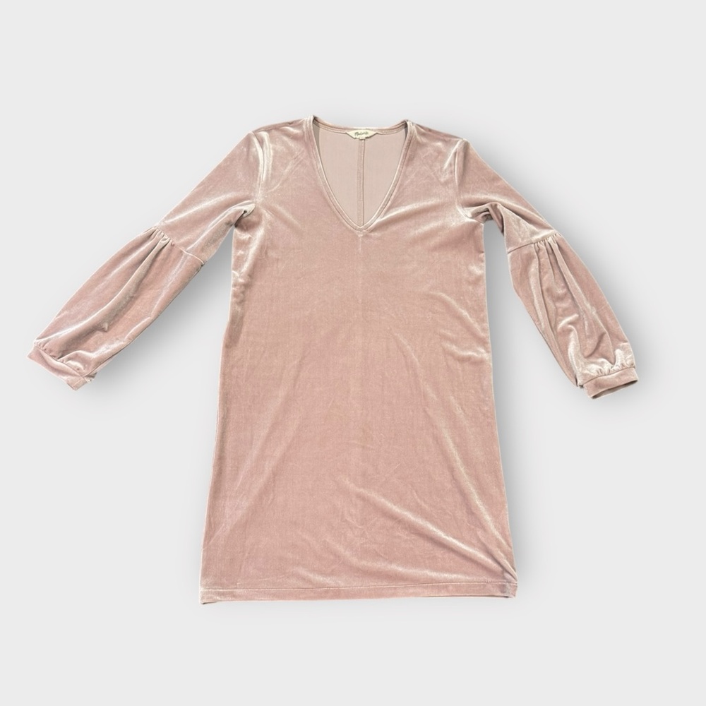 Madewell Velvet Shift Dress Blush Pink Balloon Sleeve V-Neck | Size XXS